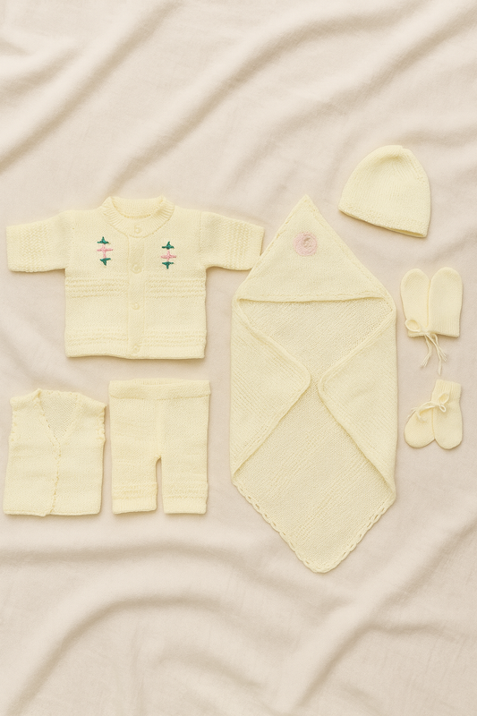 6-Piece Newborn Baby Wool Knitted Winter Set – Hand Knitted Warm Woolen Suit for Baby Girl/Boy