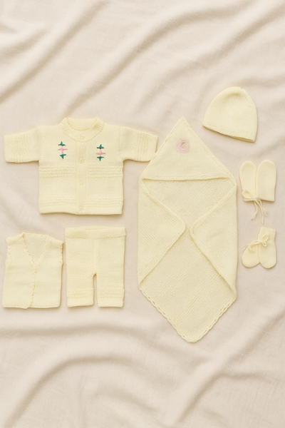 6-Piece Newborn Baby Wool Knitted Winter Set – Hand Knitted Warm Woolen Suit for Baby Girl/Boy