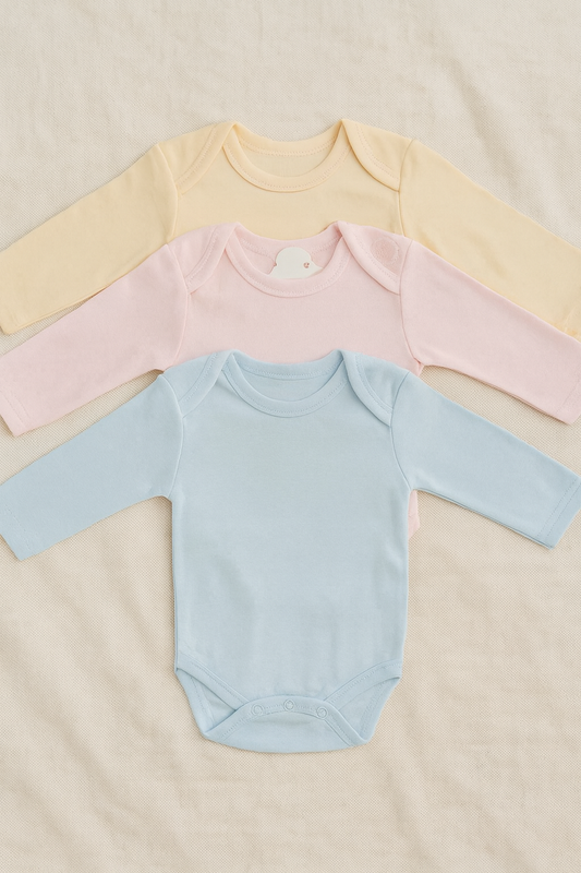 Pack of 3 Baby Rompers – Soft Cotton Full Sleeves Bodysuit for Newborns – Unisex Baby Undershirts in Blue, Pink & Yellow