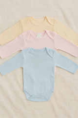 Pack of 3 Baby Rompers – Soft Cotton Full Sleeves Bodysuit for Newborns – Unisex Baby Undershirts in Blue, Pink & Yellow
