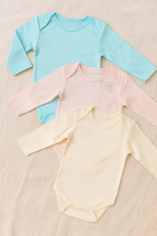 Pack of 3 Baby Rompers – Soft Cotton Full Sleeves Bodysuit for Newborns – Unisex Baby Undershirts in Blue, Pink & Yellow