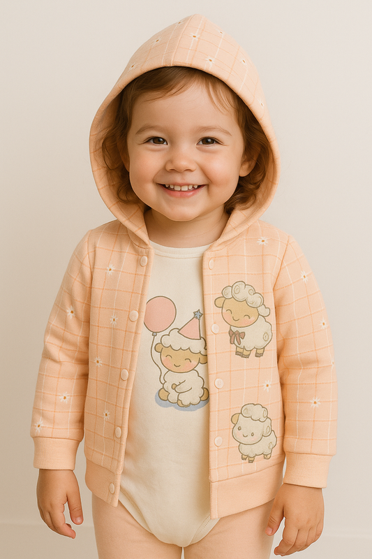 Baby Girl 3-Piece Clothing Set | Peach Hooded Top, Soft Pajama & Printed Bodysuit | Cotton Winter Outfit with Cute Sheep Design