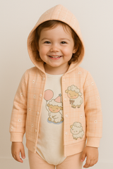 Baby Girl 3-Piece Clothing Set | Peach Hooded Top, Soft Pajama & Printed Bodysuit | Cotton Winter Outfit with Cute Sheep Design