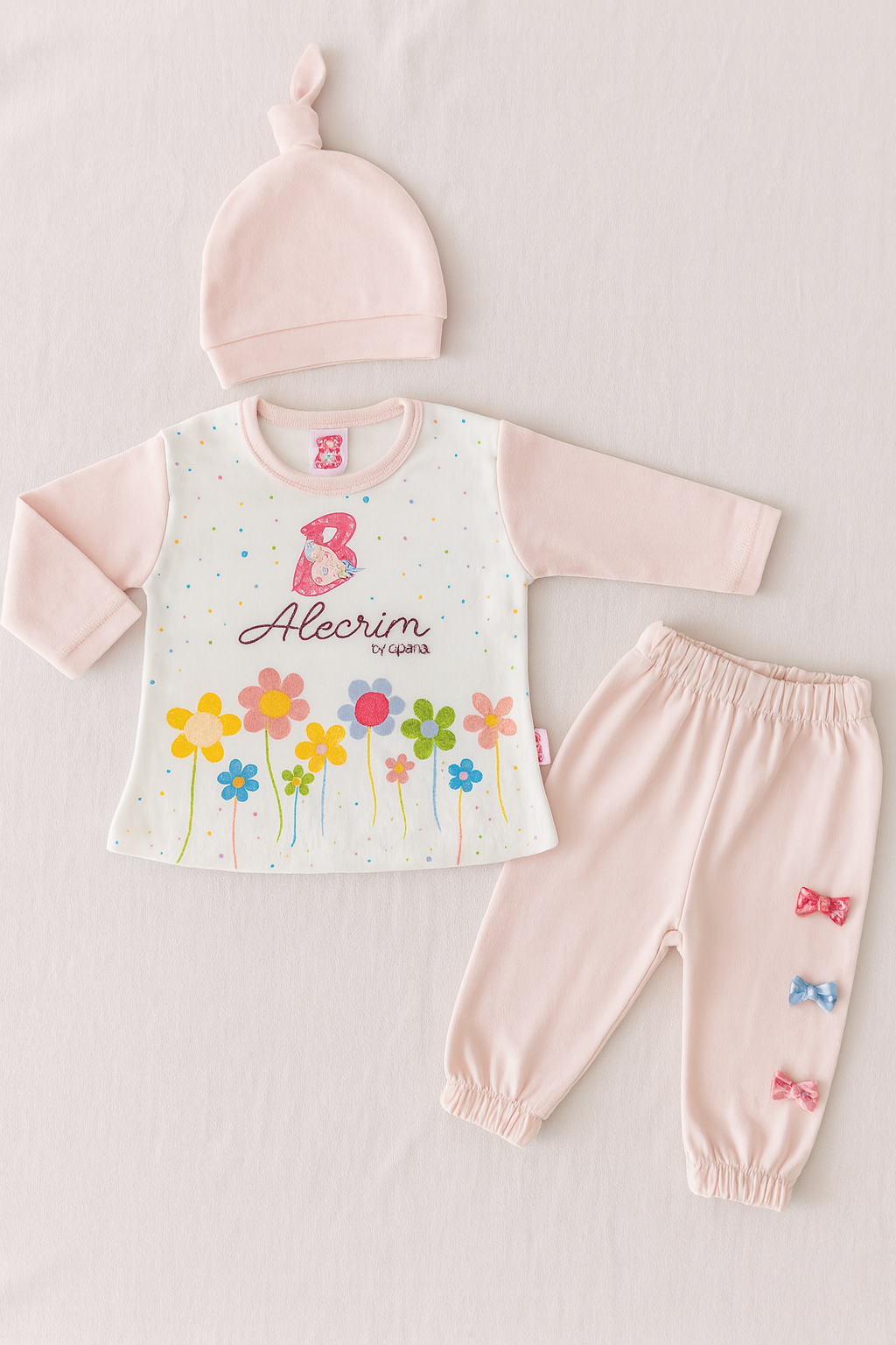Newborn Baby Girl 3-Piece Dress Set – Soft Cotton Malai Jersey – Floral Printed Shirt + Bow Pajama + Knot Cap