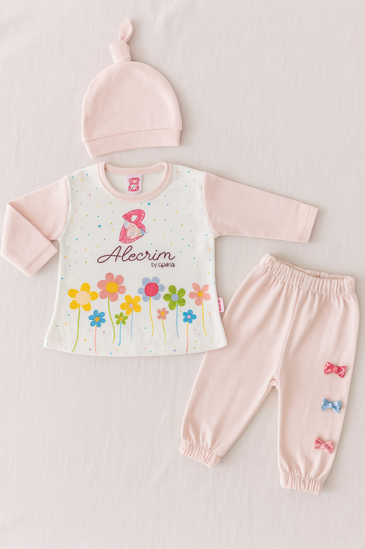Newborn Baby Girl 3-Piece Dress Set – Soft Cotton Malai Jersey – Floral Printed Shirt + Bow Pajama + Knot Cap