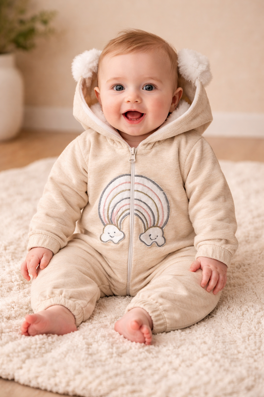 Mulaim Hooded Baby Jumpsuit – Rainbow Zip Romper (0–6M)