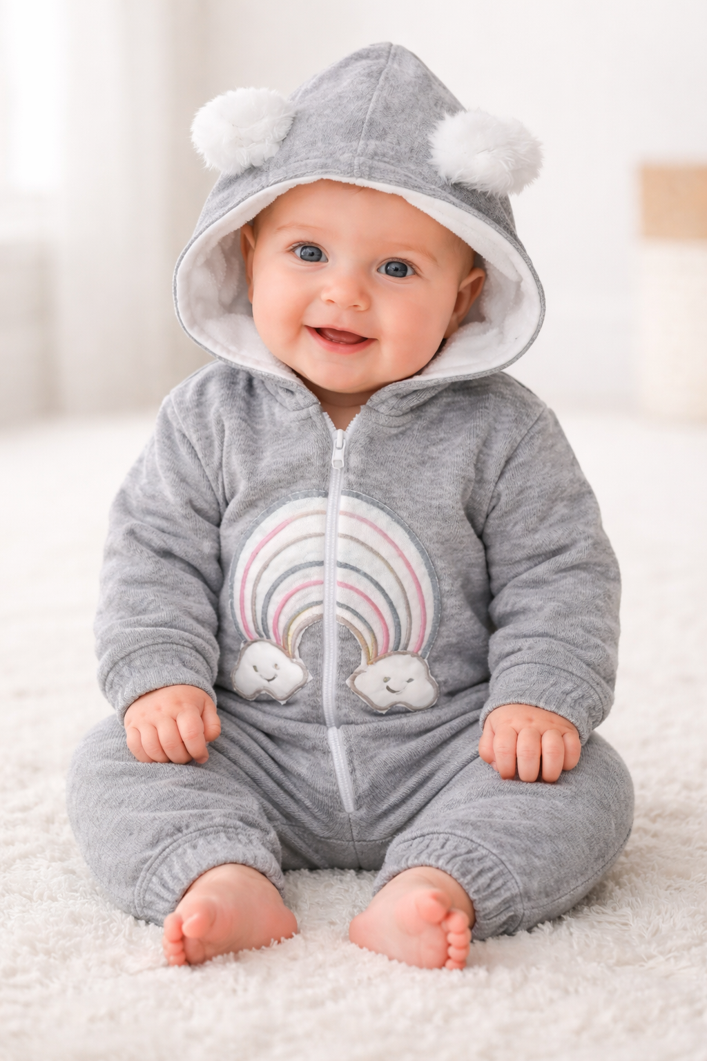 Mulaim Hooded Baby Jumpsuit – Rainbow Zip Romper (0–6M)