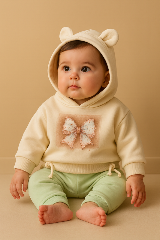 Baby Bow Hoodie & Pant Set – Soft Cream & Mint (0–6 Months)