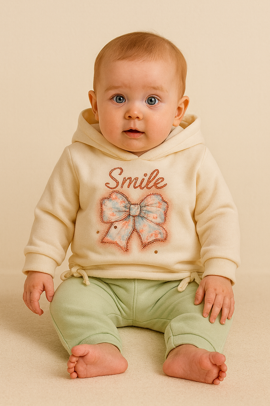 Baby Bow Hoodie & Pant Set – Soft Cream & Mint (0–6 Months)