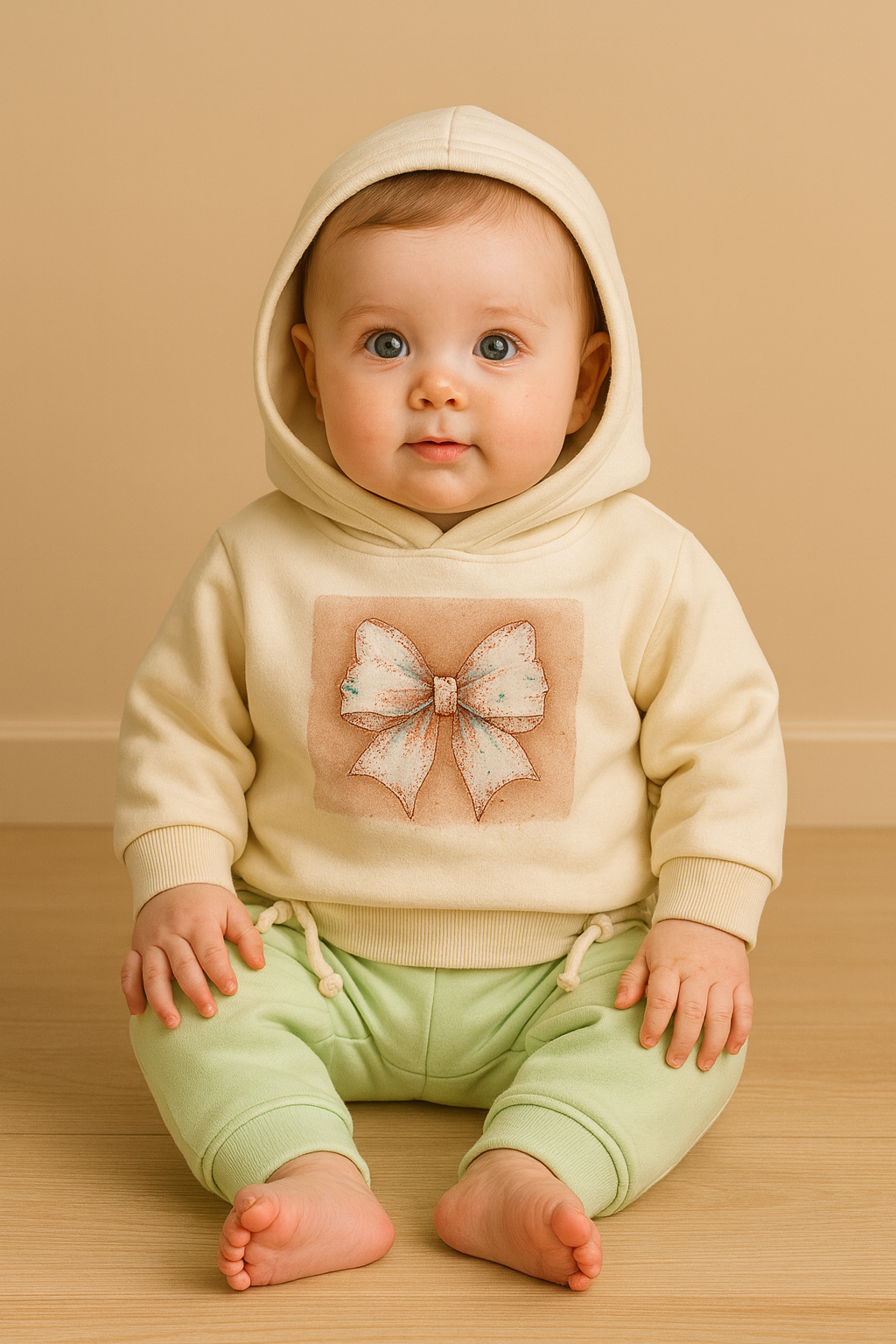 Baby Bow Hoodie & Pant Set – Soft Cream & Mint (0–6 Months)