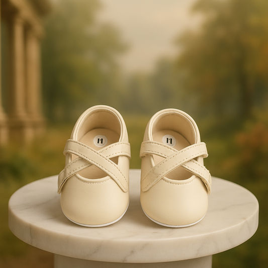 Baby Girl Soft Sole Shoes – Cream PU Leather Criss-Cross Strap First Walkers