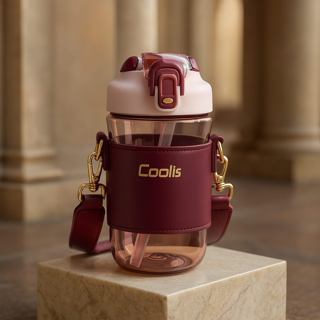 Coolis Baby Sipper Bottle with Strap – 570ml BPA-Free Plastic Drinking Bottle with Flip Straw – Leakproof Water Bottle for School & Travel Color Brown