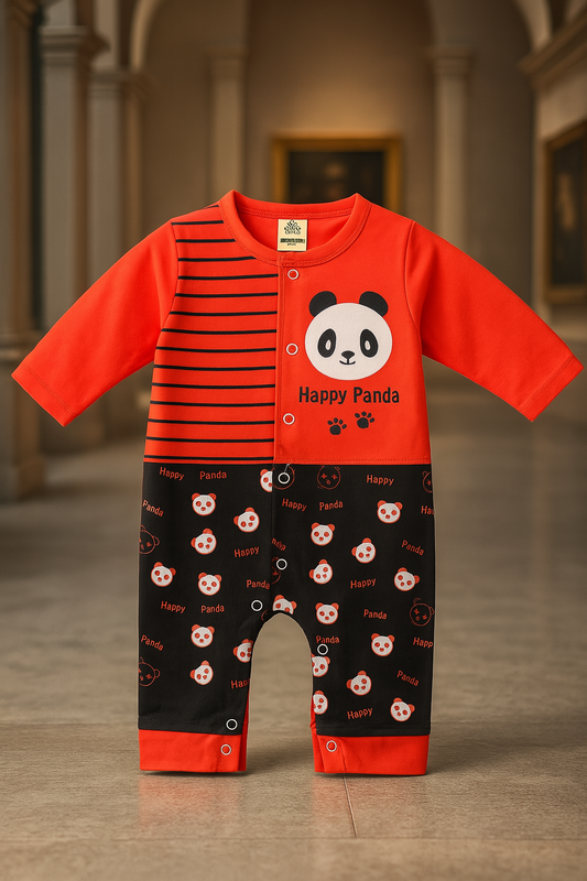 Baby Romper Happy Panda Design | Soft Cotton Full Sleeve Jumpsuit for Newborn & Toddler