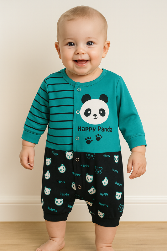 Baby Romper Happy Panda Design | Soft Cotton Full Sleeve Jumpsuit for Newborn & Toddler
