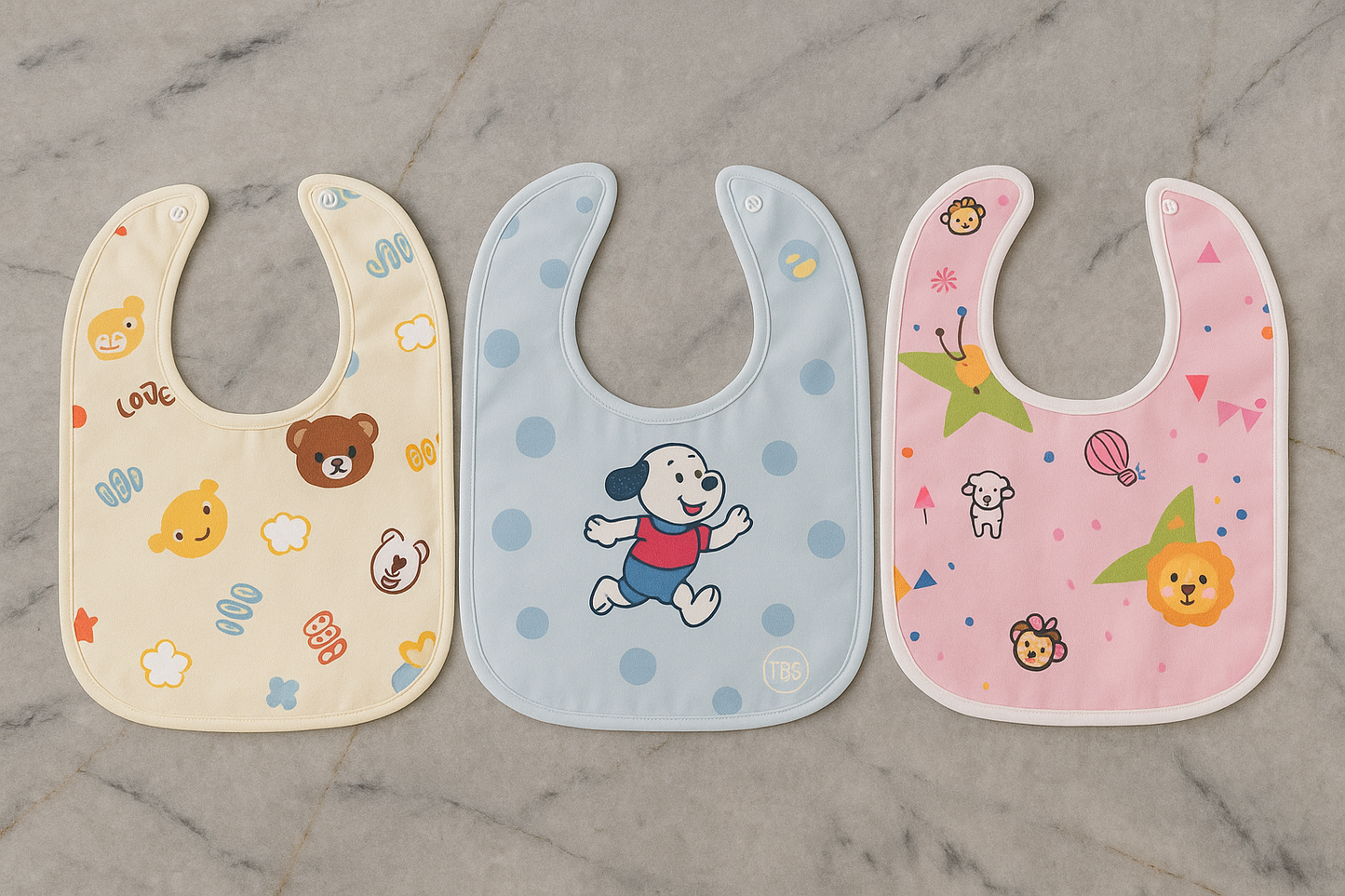 Baby Feeding Bibs pack of 3 pieces | Waterproof Soft Bibs with Snap Closure | Cartoon Print for Newborns & Infants