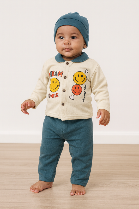 Baby Suit 2 Piece Set – Warm Fleece Dress Shirt with Smiley Print & Soft Pajama for Baby Boy/Girl