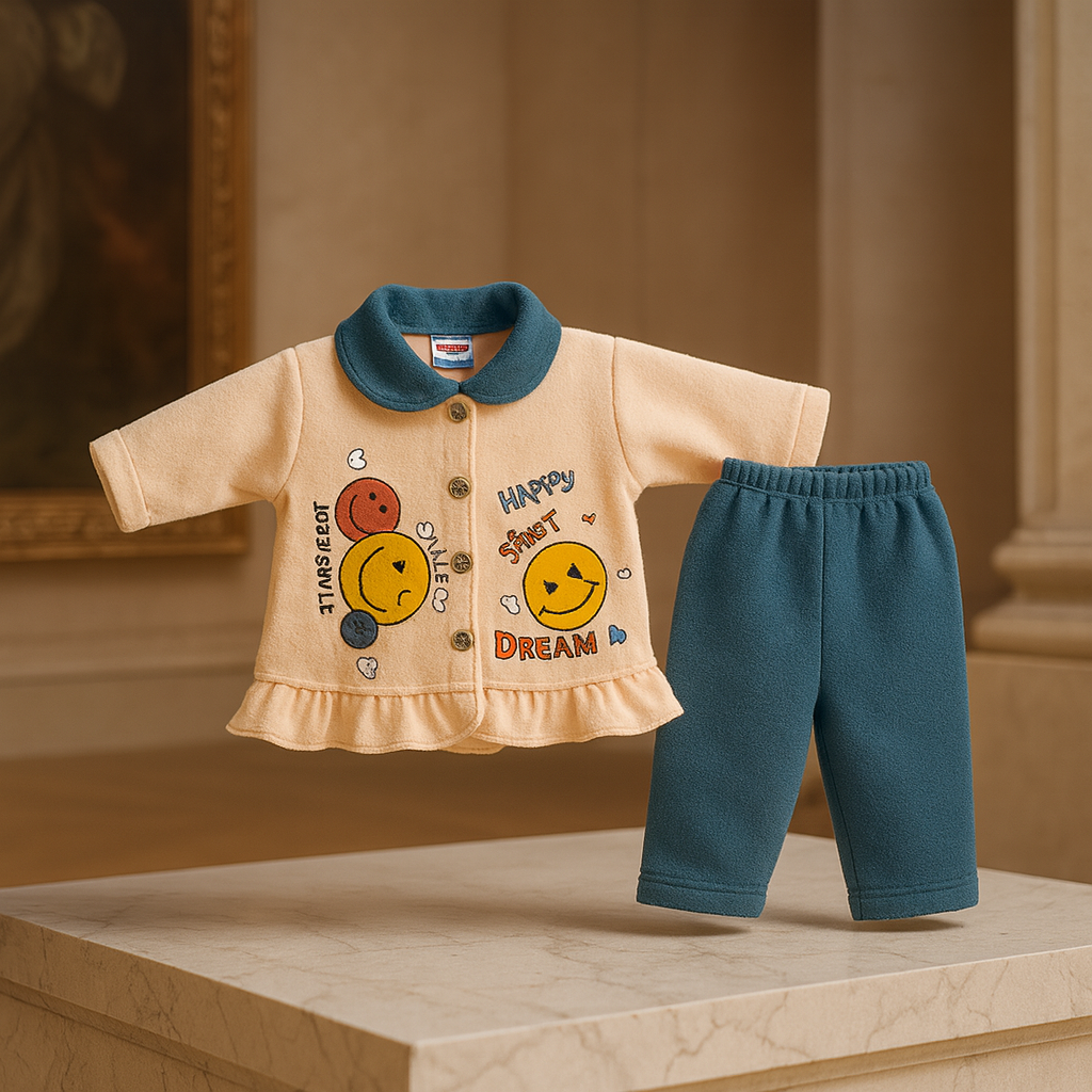 Baby Suit 2 Piece Set – Warm Fleece Dress Shirt with Smiley Print & Soft Pajama for Baby Boy/Girl