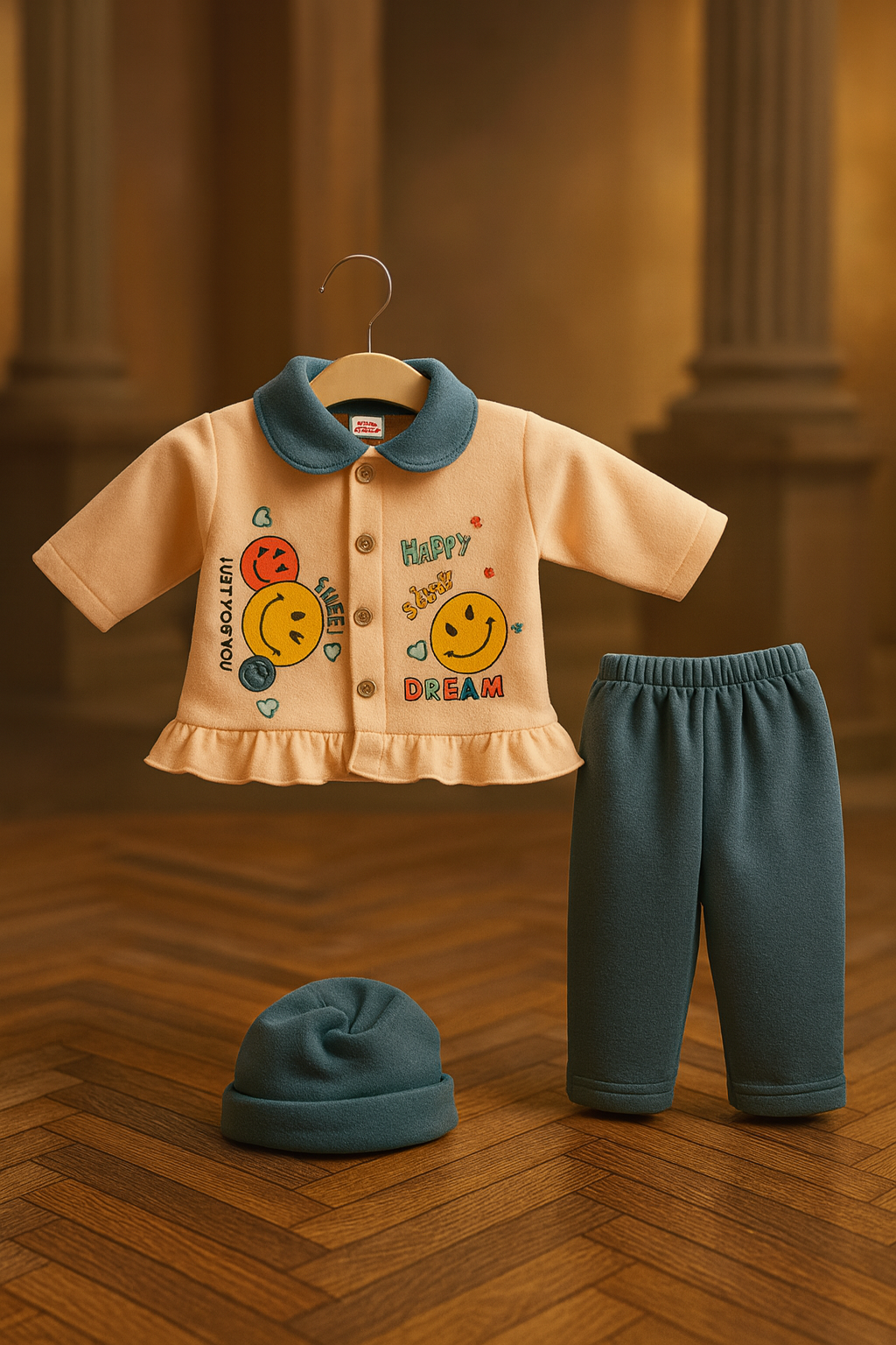 Baby Suit 2 Piece Set – Warm Fleece Dress Shirt with Smiley Print & Soft Pajama for Baby Boy/Girl