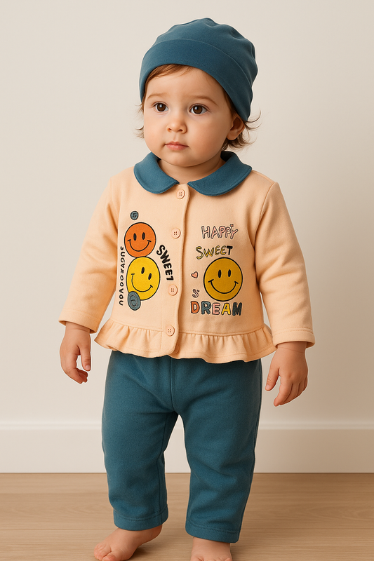 Baby Suit 2 Piece Set – Warm Fleece Dress Shirt with Smiley Print & Soft Pajama for Baby Boy/Girl