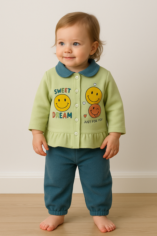 Baby Suit 2 Piece Set – Warm Fleece Dress Shirt with Smiley Print & Soft Pajama for Baby Boy/Girl