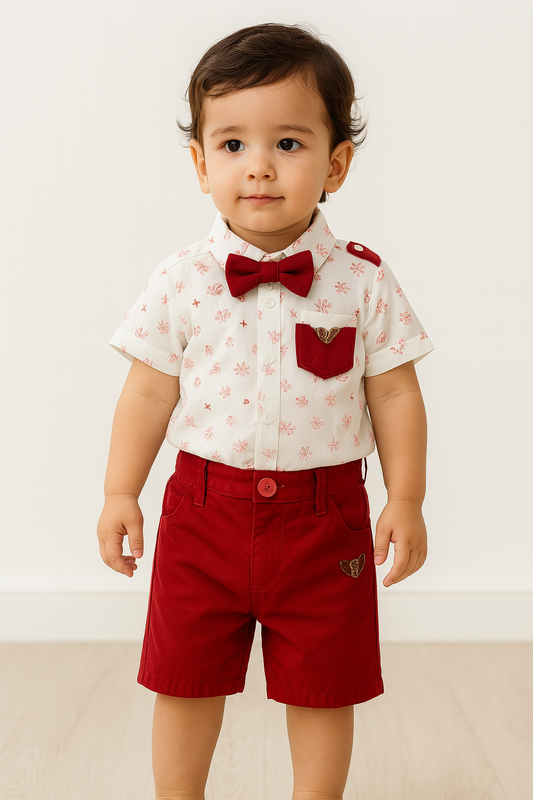 Sunshine Bloom Baby boy Summer Set – Floral Top & Red Shorts