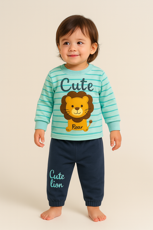 Roar & Explore: 2-Piece Organic Baby Outfit Set – Lion Tee & Navy Pants