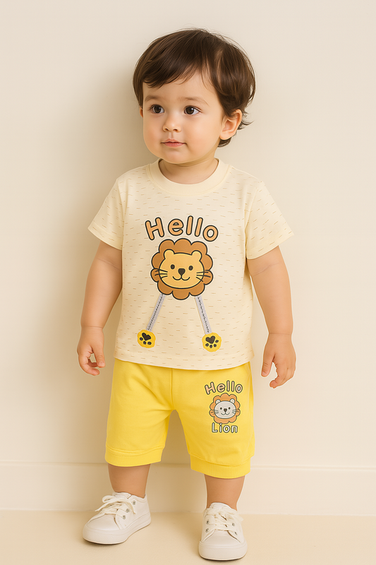 Baby Summer Suit Set - Hello Lion T-Shirt & Shorts for Boys & Girls (2 Sizes)