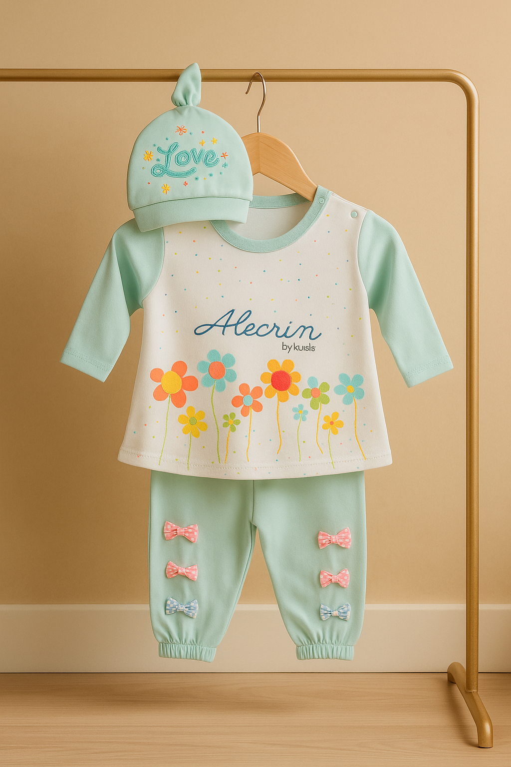 Newborn Baby Girl 3-Piece Dress Set – Soft Cotton Malai Jersey – Floral Printed Shirt + Bow Pajama