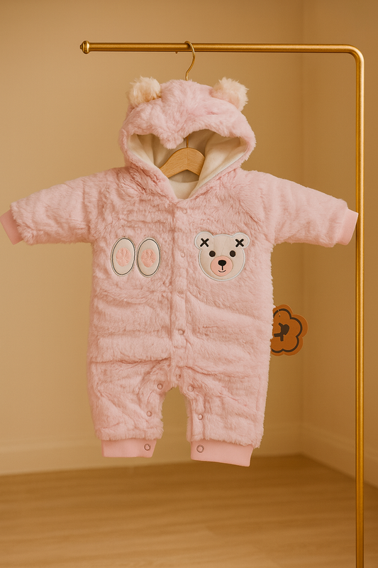 Pink Teddy Baby Winter Romper – Ultra Plush & Super Cozy