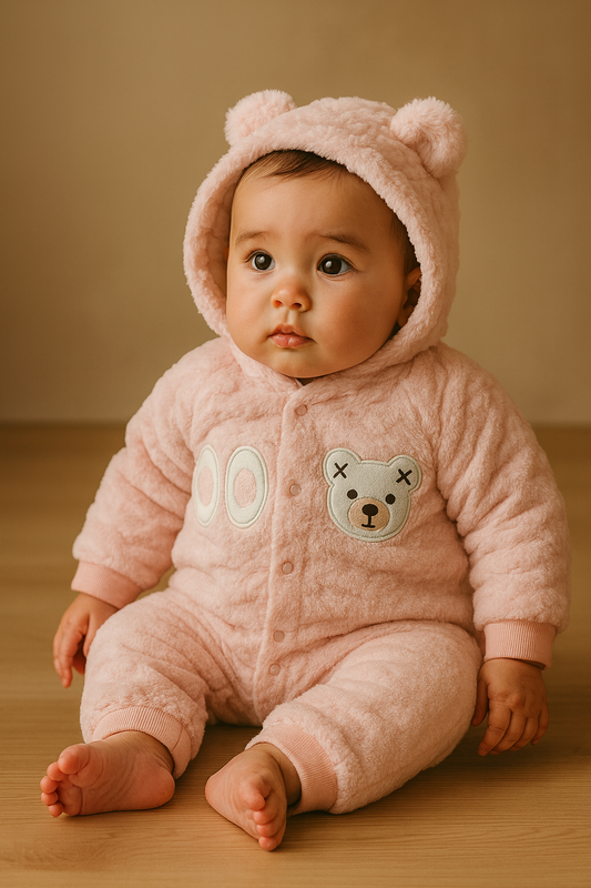 Pink Teddy Baby Winter Romper – Ultra Plush & Super Cozy