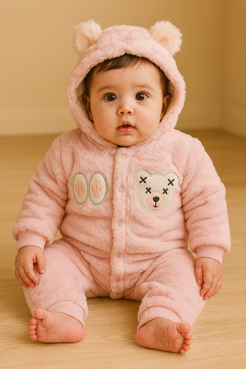 Pink Teddy Baby Winter Romper – Ultra Plush & Super Cozy