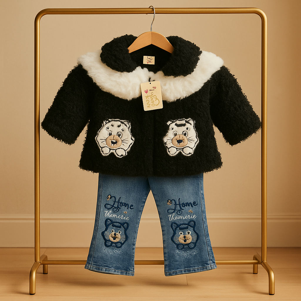 Cozy Bear Winter Outfit – Faux Fur Jacket & Embroidered Jeans Set