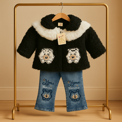 Cozy Bear Winter Outfit – Faux Fur Jacket & Embroidered Jeans Set