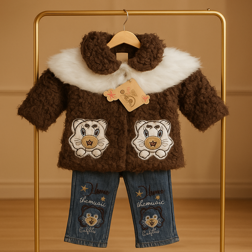 Cozy Bear Winter Outfit – Faux Fur Jacket & Embroidered Jeans Set