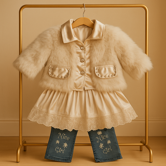 Fancy Winter Outfit for Girls – Soft Fur Jacket & Embroidered Dress Set