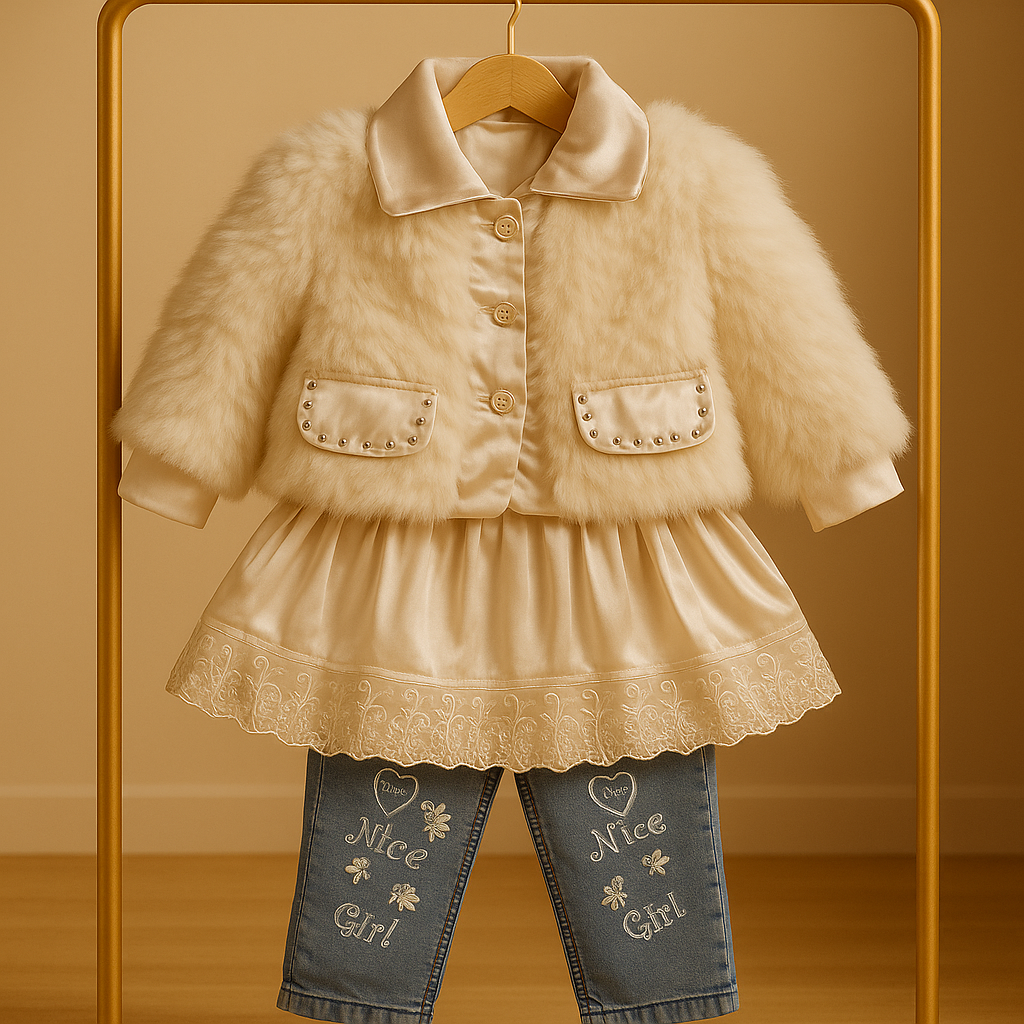 Fancy Winter Outfit for Girls – Soft Fur Jacket & Embroidered Dress Set