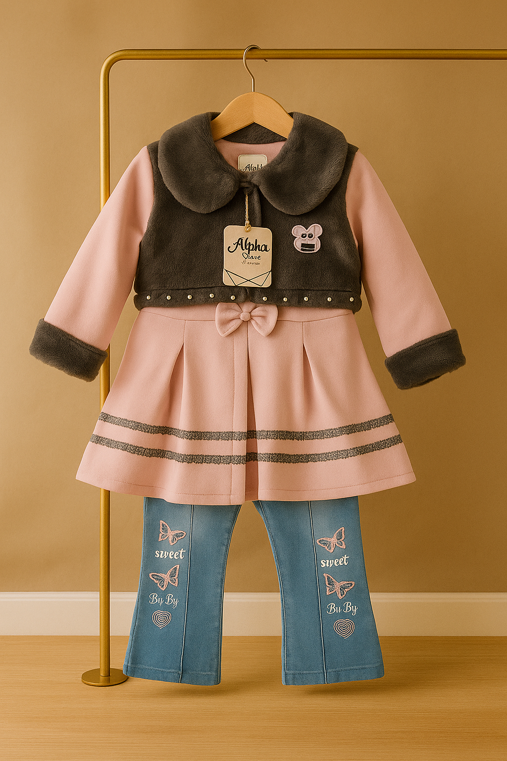 Sweet Baby Winter Outfit – Fur Vest, Dress & Jeans Set