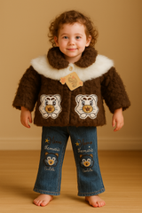 Cozy Bear Winter Outfit – Faux Fur Jacket & Embroidered Jeans Set