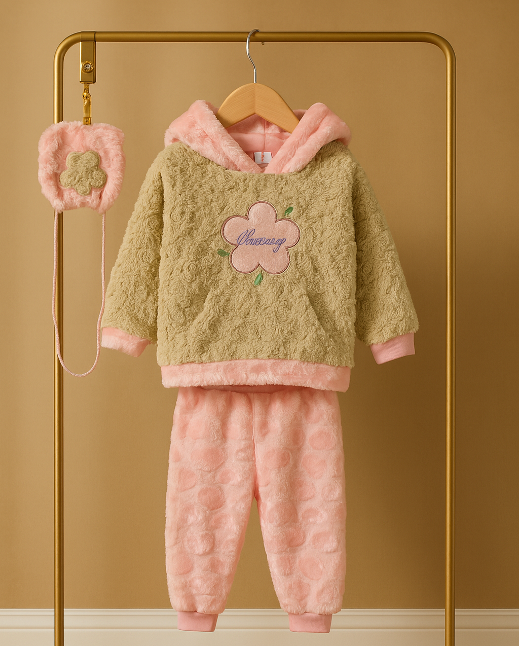 Soft Fleece Baby Winter Suit – Cozy 2-Piece Set with Cute Flower Bag
