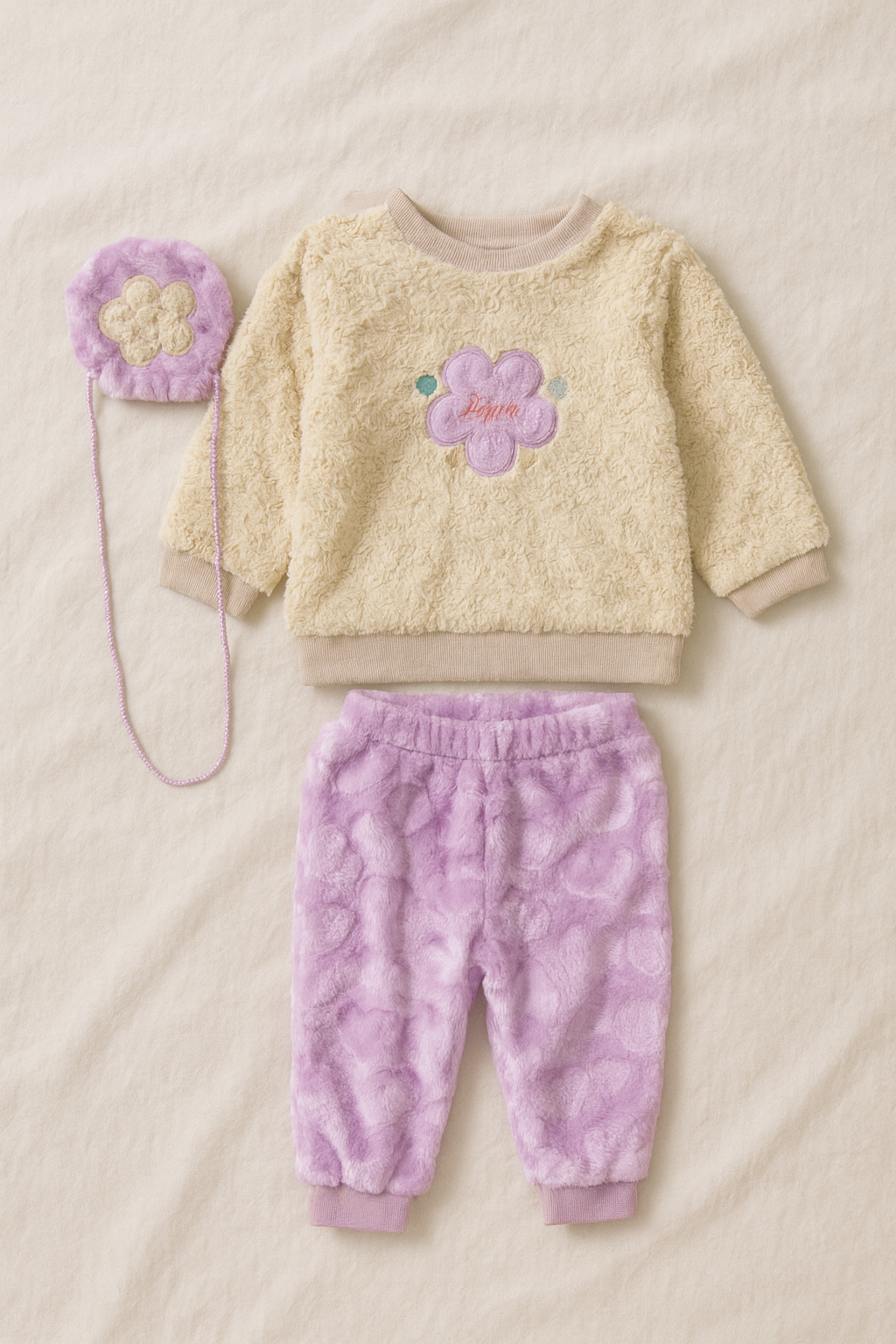 Soft Fleece Baby Winter Suit – Cozy 2-Piece Set with Cute Flower Bag