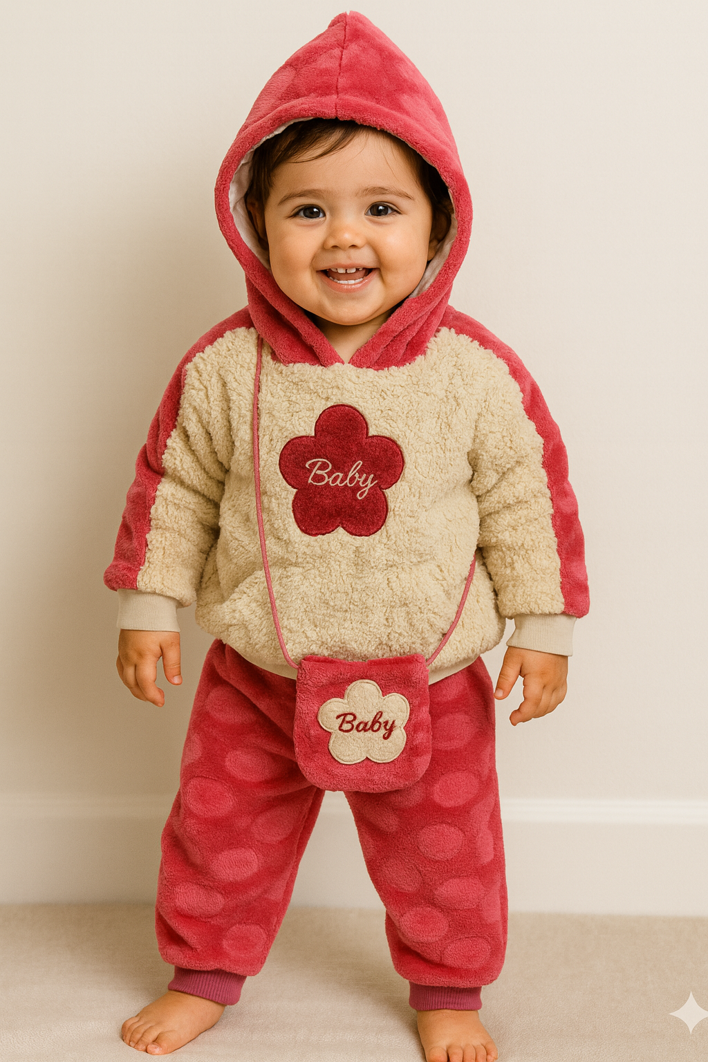 Soft Fleece Baby Winter Suit – Cozy 2-Piece Set with Cute Flower Bag