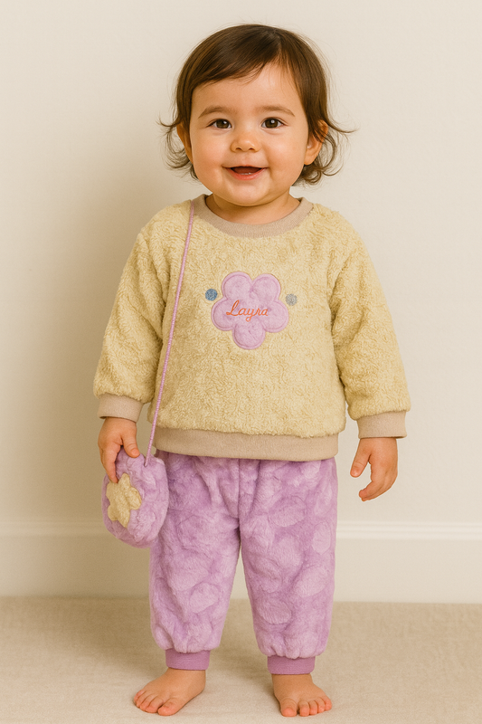 Soft Fleece Baby Winter Suit – Cozy 2-Piece Set with Cute Flower Bag