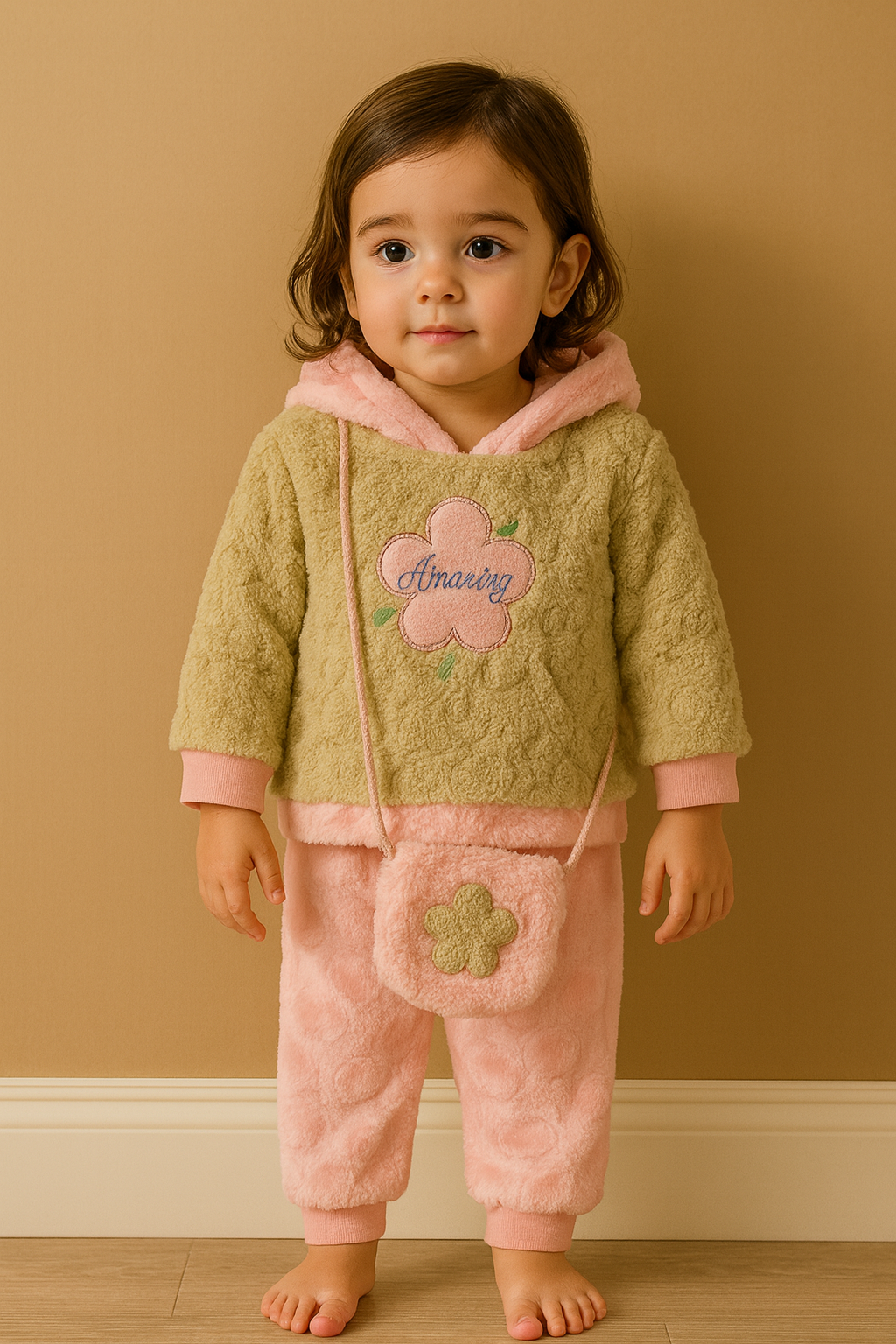 Soft Fleece Baby Winter Suit – Cozy 2-Piece Set with Cute Flower Bag