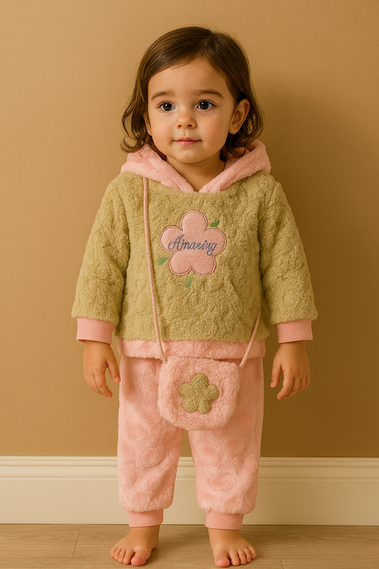 Soft Fleece Baby Winter Suit – Cozy 2-Piece Set with Cute Flower Bag