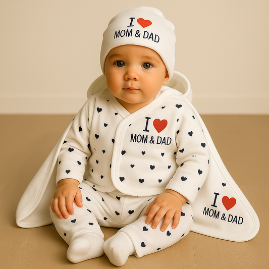 Newborn Baby Gift Set | 6 Piece Cotton Clothing Set with “I Love Mom & Dad” Design