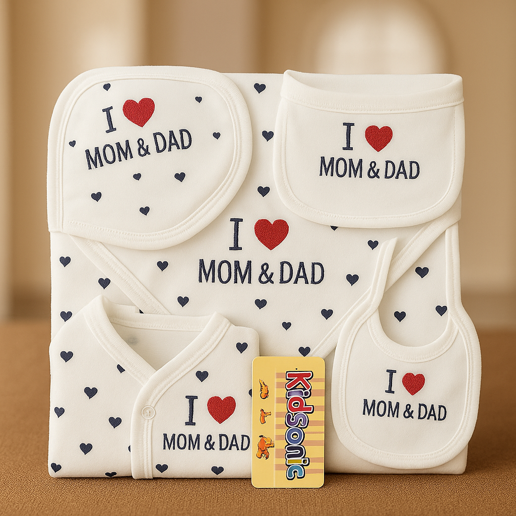 Newborn Baby Gift Set | 6 Piece Cotton Clothing Set with “I Love Mom & Dad” Design