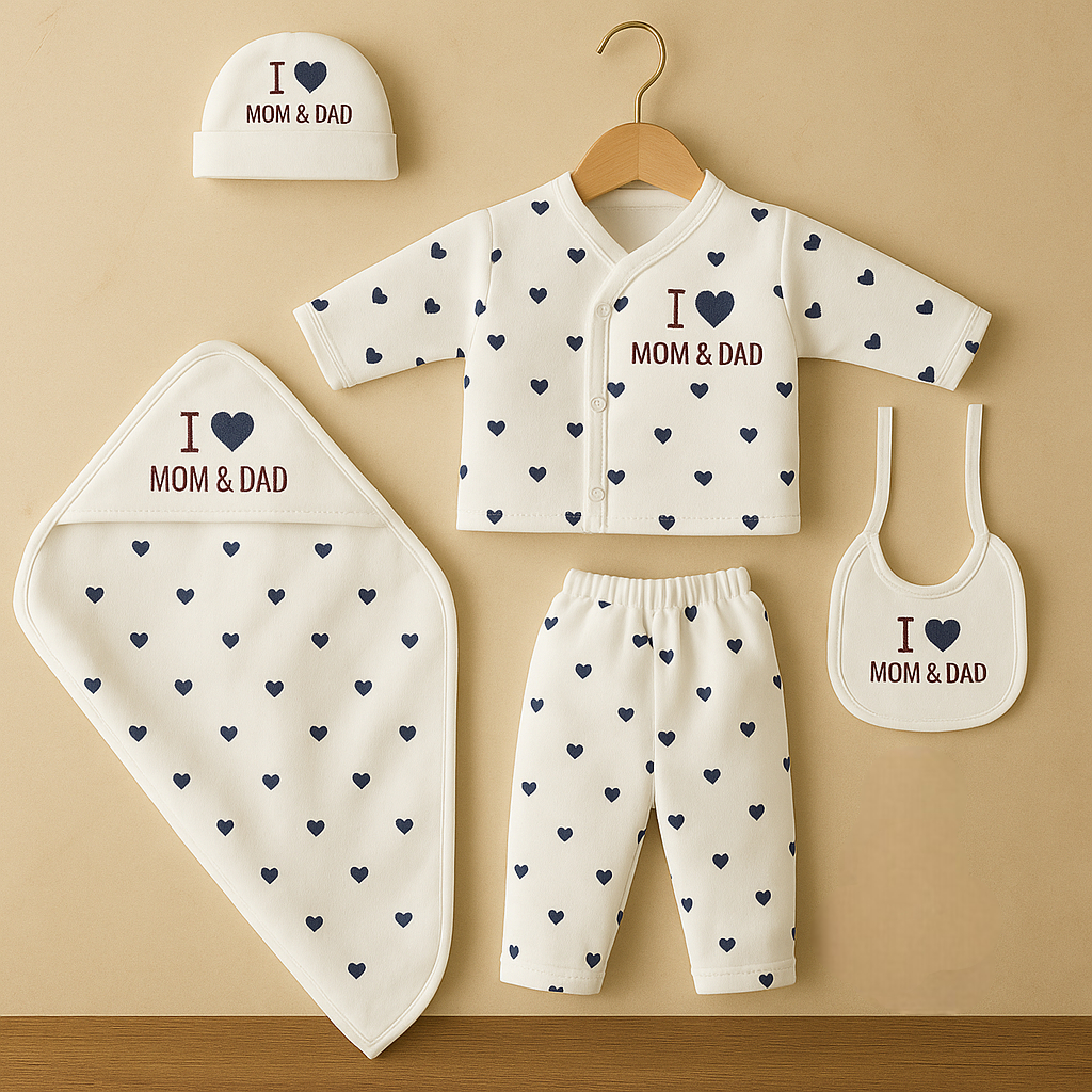 Newborn Baby Gift Set | 6 Piece Cotton Clothing Set with “I Love Mom & Dad” Design