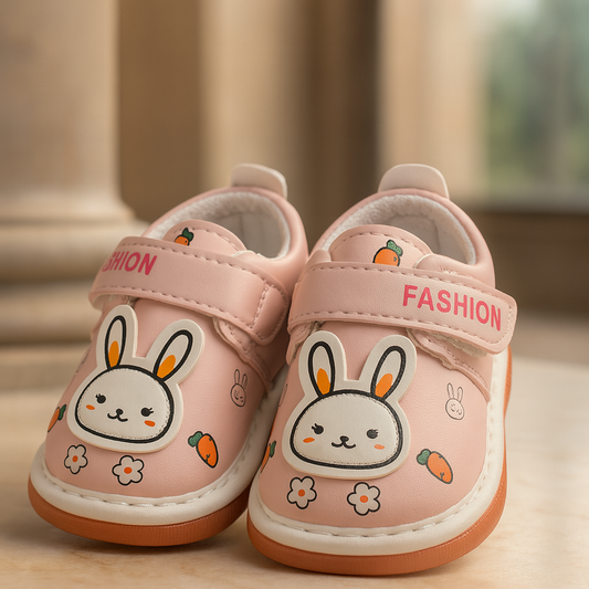 Baby Girl Shoes – Soft Pink PU Leather Prewalker with Cute Bunny Design,