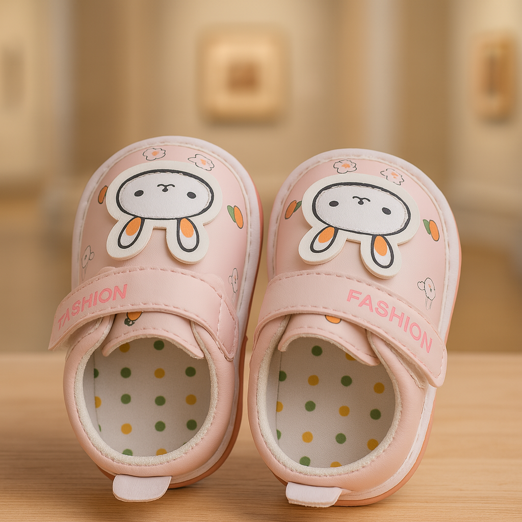 Baby Girl Shoes – Soft Pink PU Leather Prewalker with Cute Bunny Design,