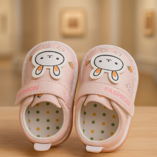 Baby Girl Shoes – Soft Pink PU Leather Prewalker with Cute Bunny Design,